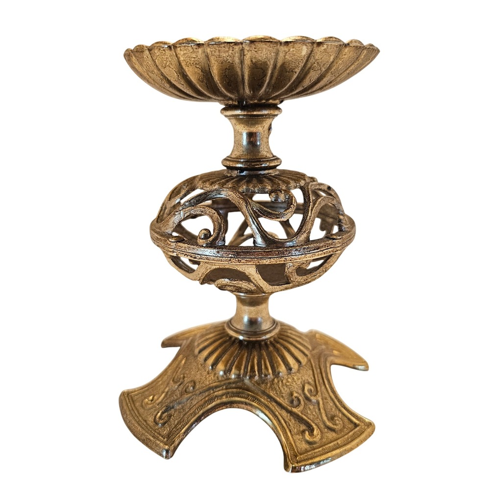 Vintage Dilly Brass Pillar Candle Holder Ornate Filigree Orb Antique Gold 6in